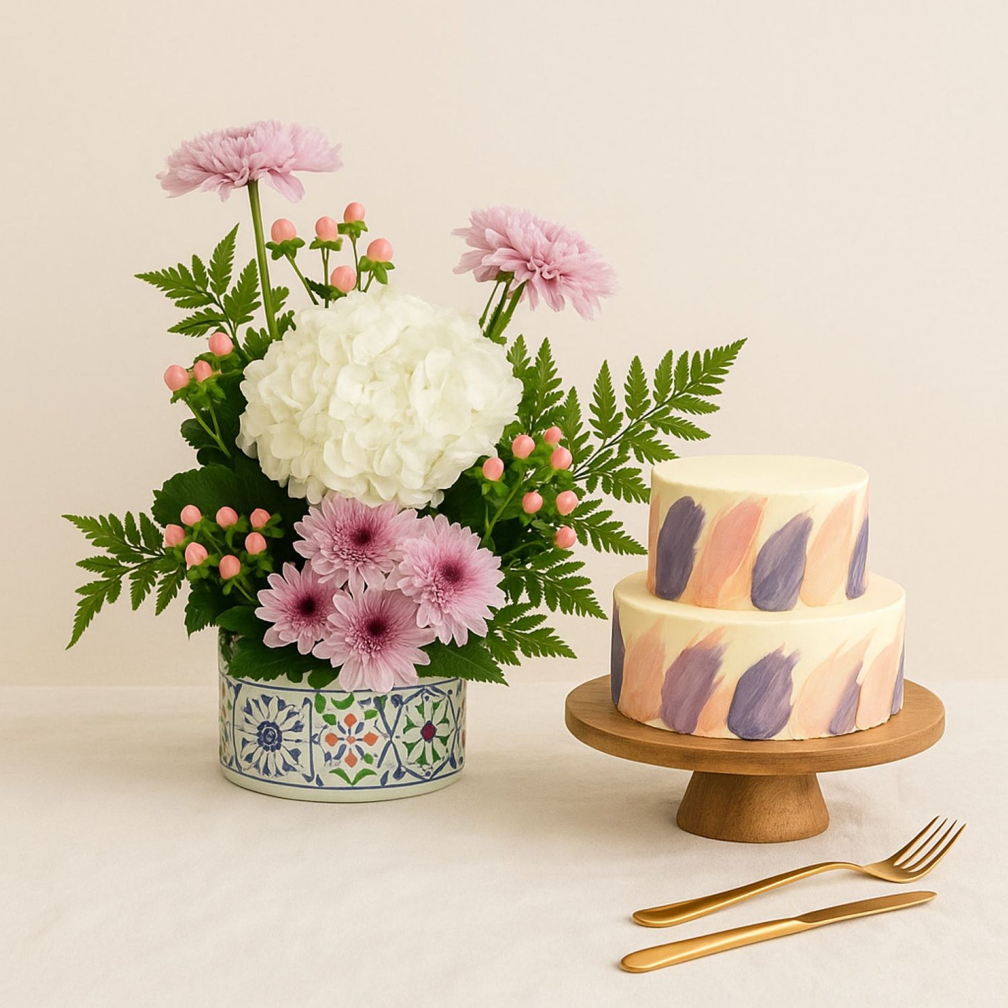 كومبو مزهرية ورود مع كيك ردفلفت طبقتين