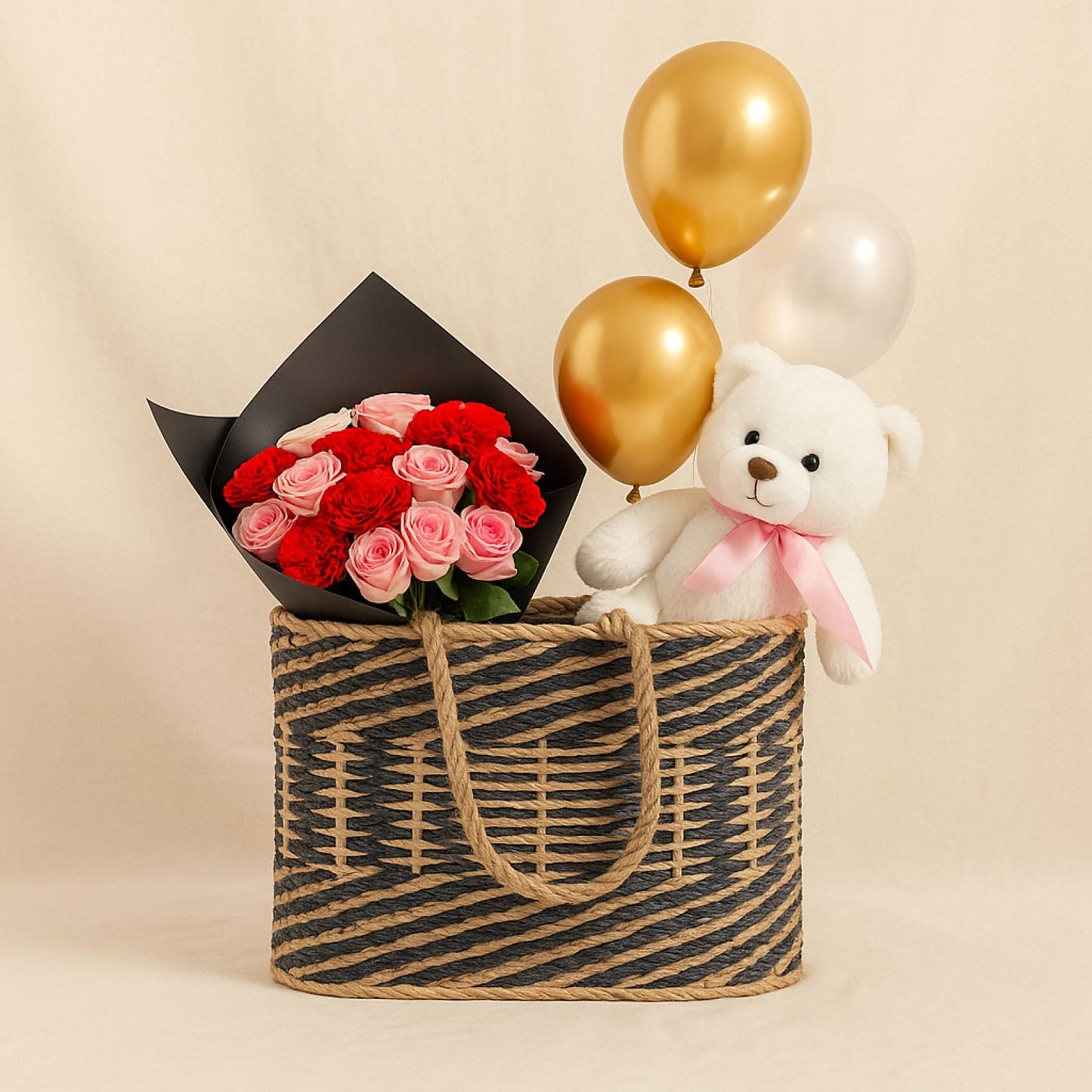Cute Teddy n Balloons Rose Basket