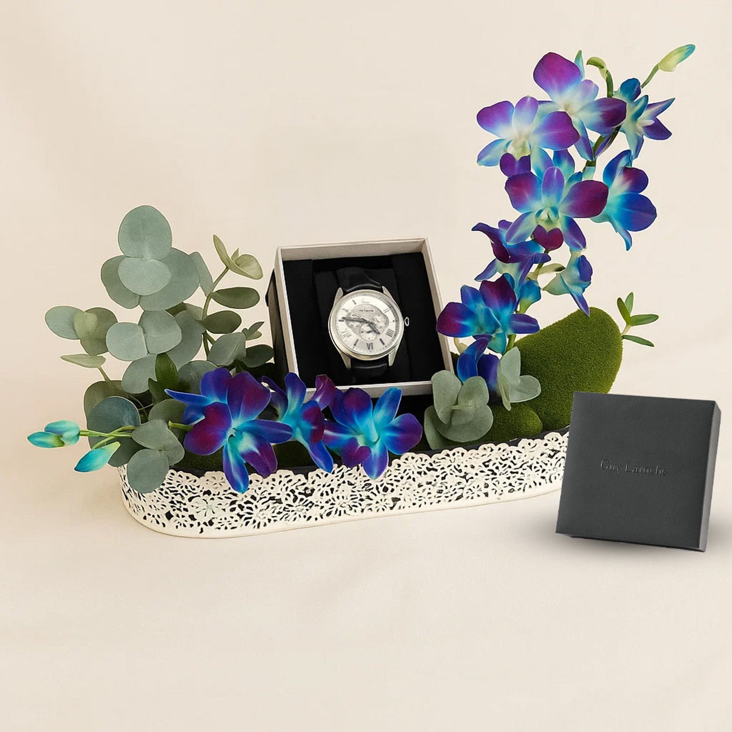 هدية رجالية | ساعة يد غاي لاروش مع باقة ورد أوركيد