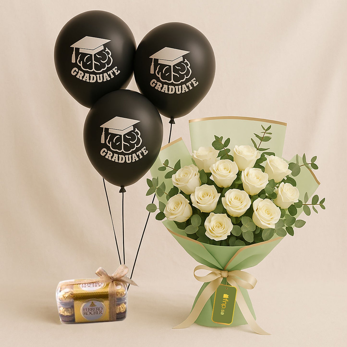 White Roses With Ferrero Chocolates n Graduation Balloons