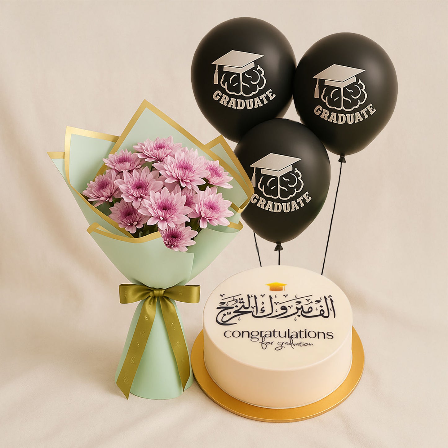 Pink Chrysanthemum Bouquet With Graduation Cake n Balloons