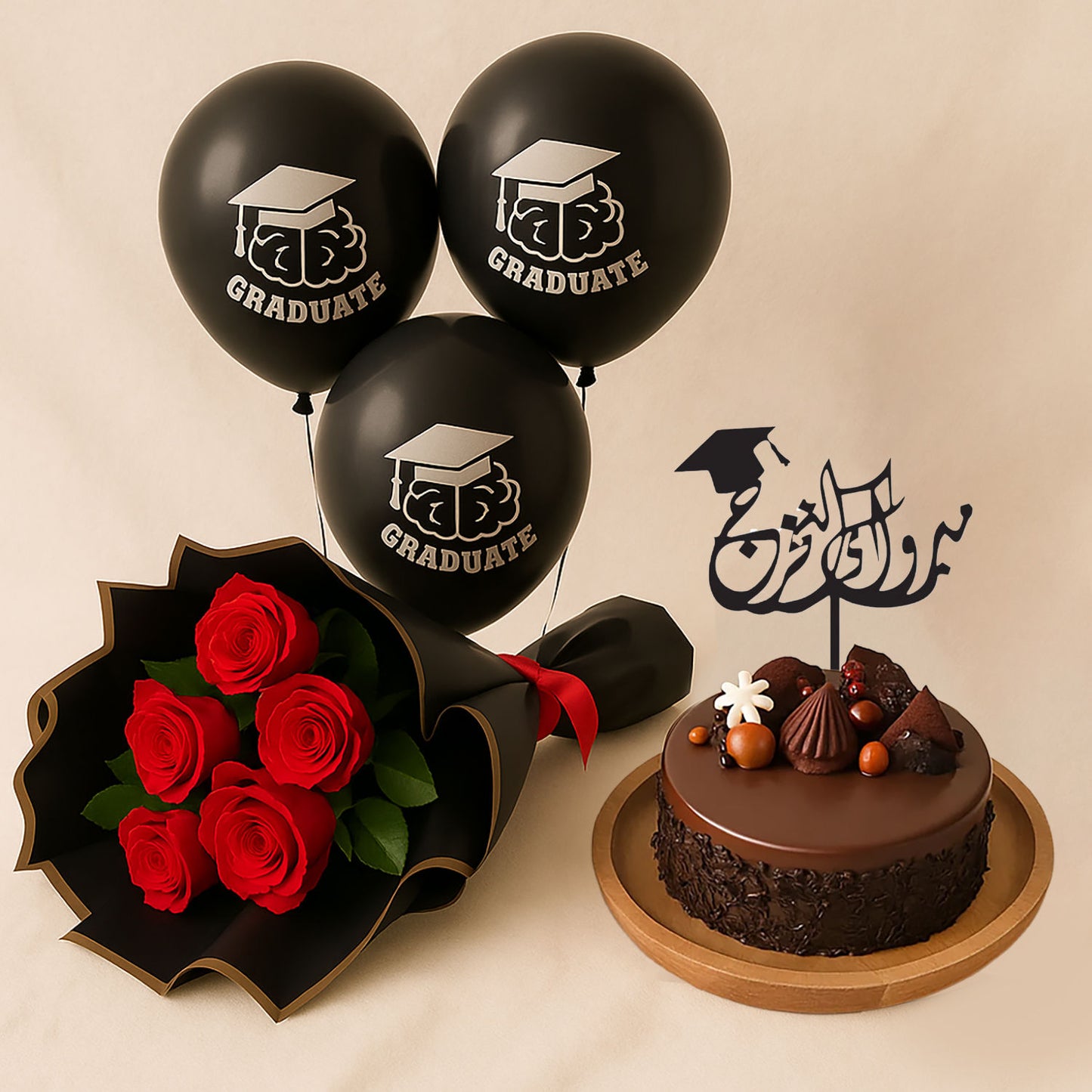 Graduation Chocolate Cake With Flowers n Helium Balloons