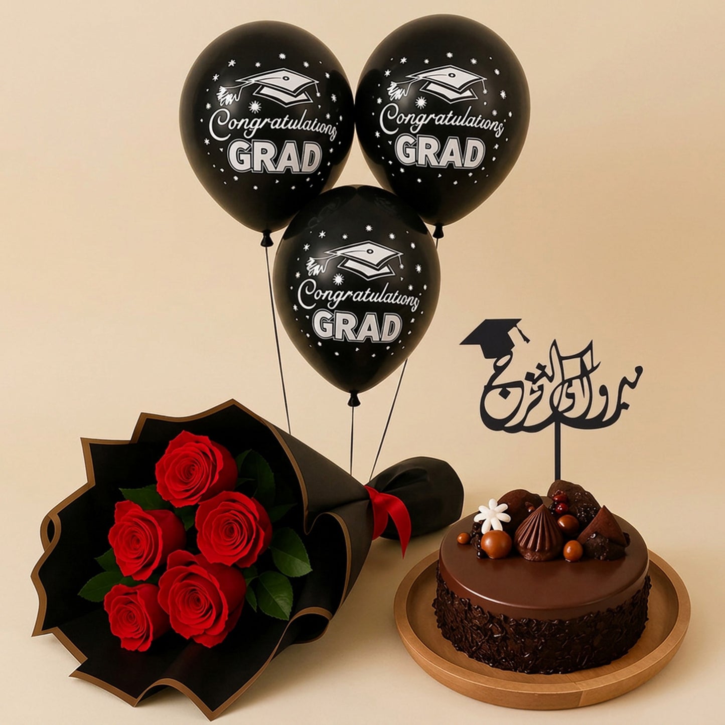 Graduation Chocolate Cake With Flowers n Helium Balloons