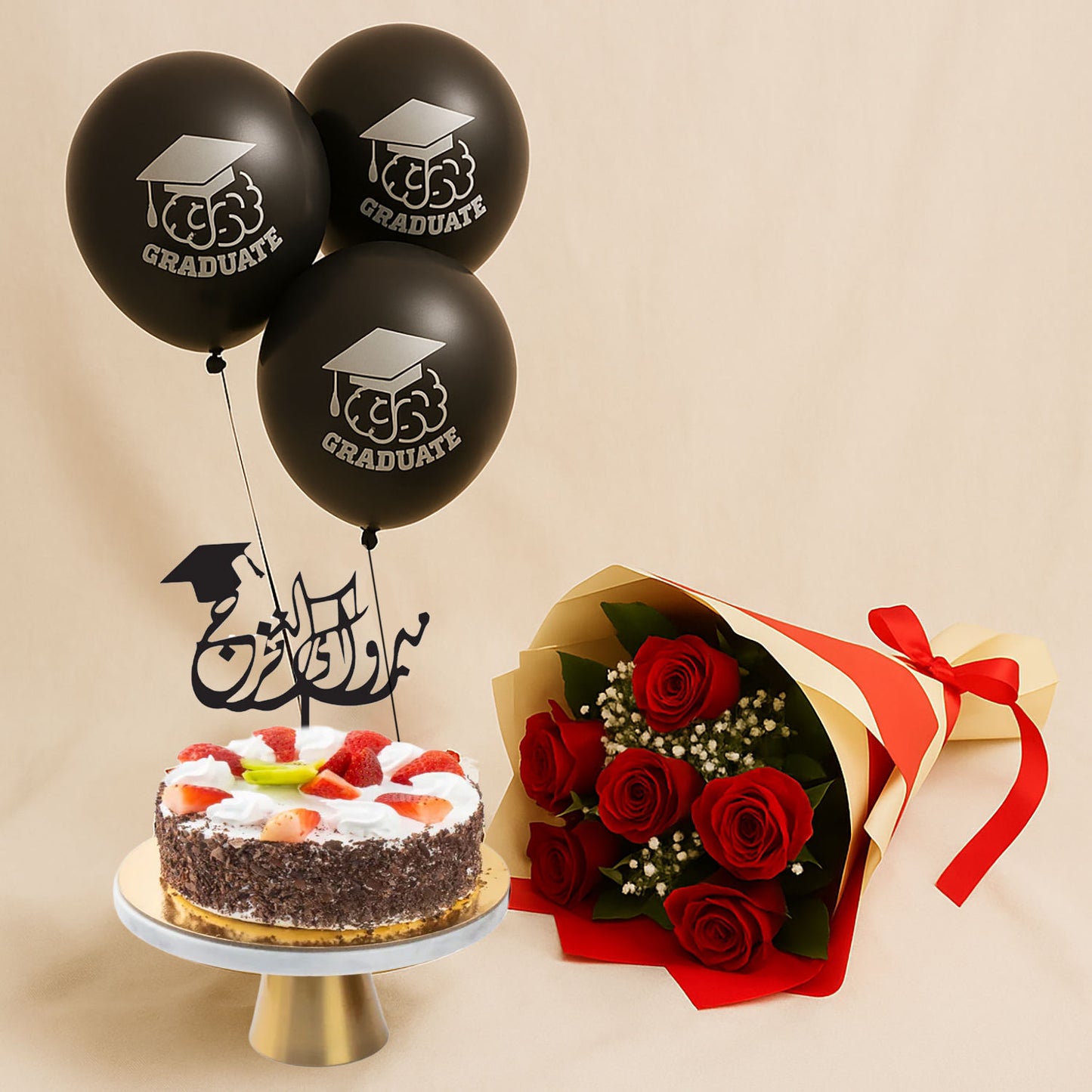 Graduation Gifts | Strawberry Cake With Red Roses n Balloons