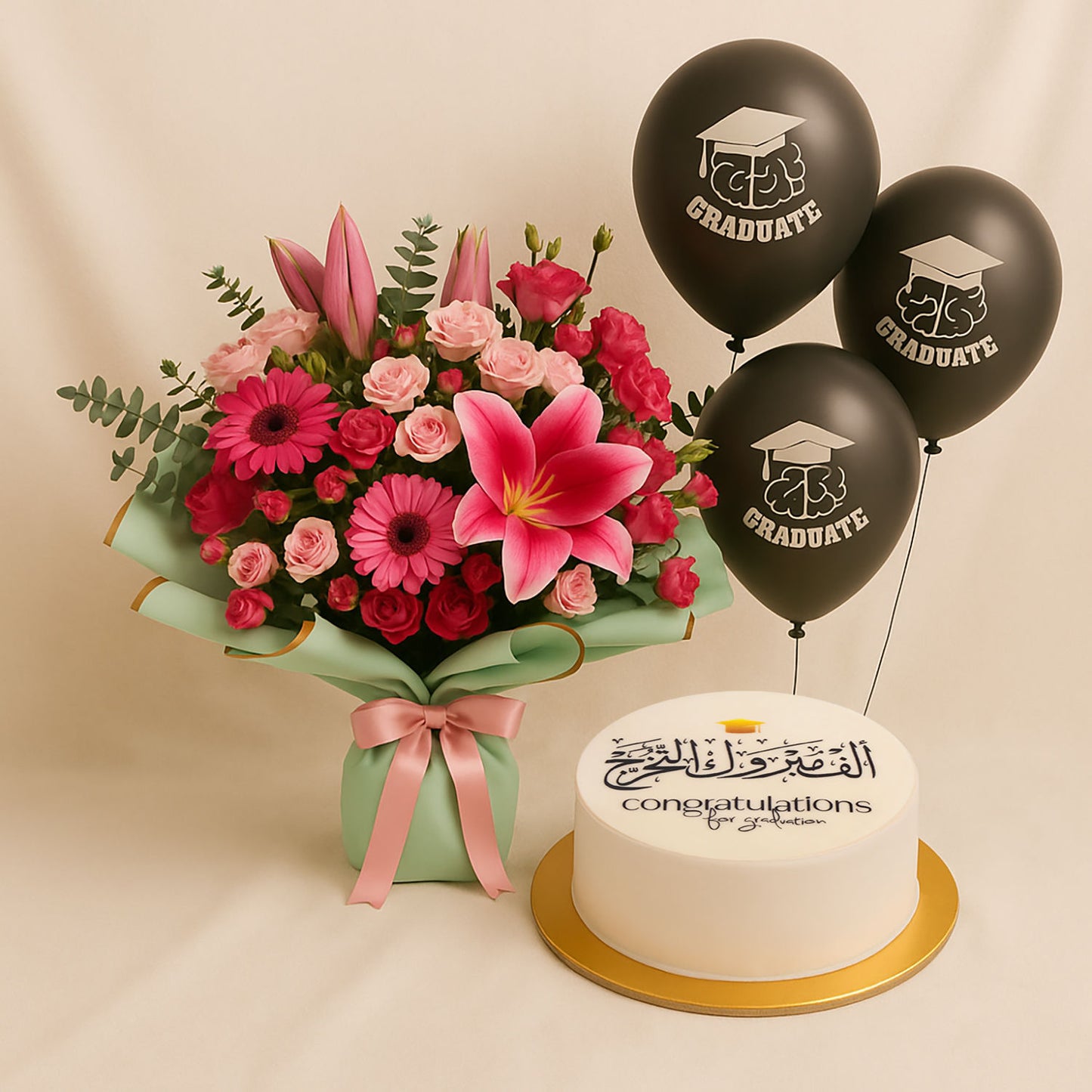 Grand Graduation | Pink Flower Bouquet With Cake n Balloons