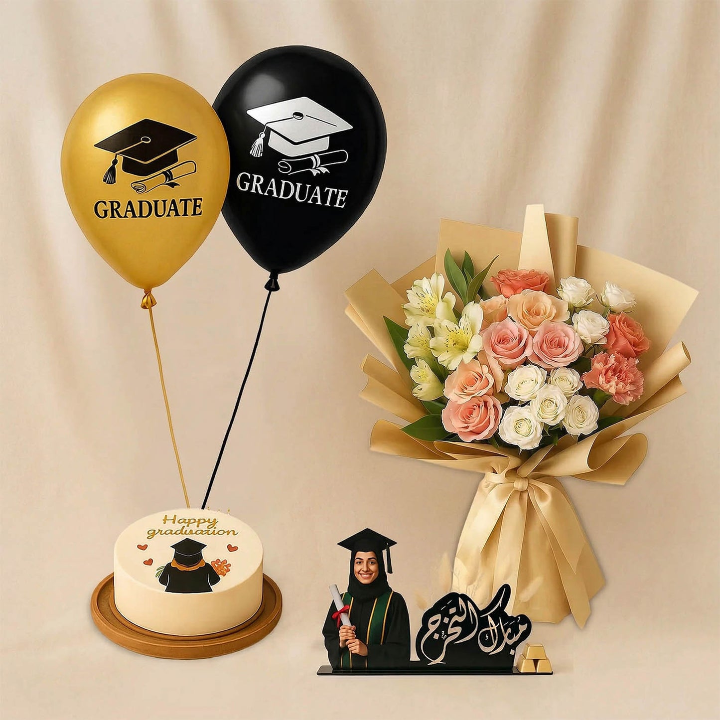 مبروك التخرج | بوكيه ورد مع كيك و هدايا تخرج نسائية