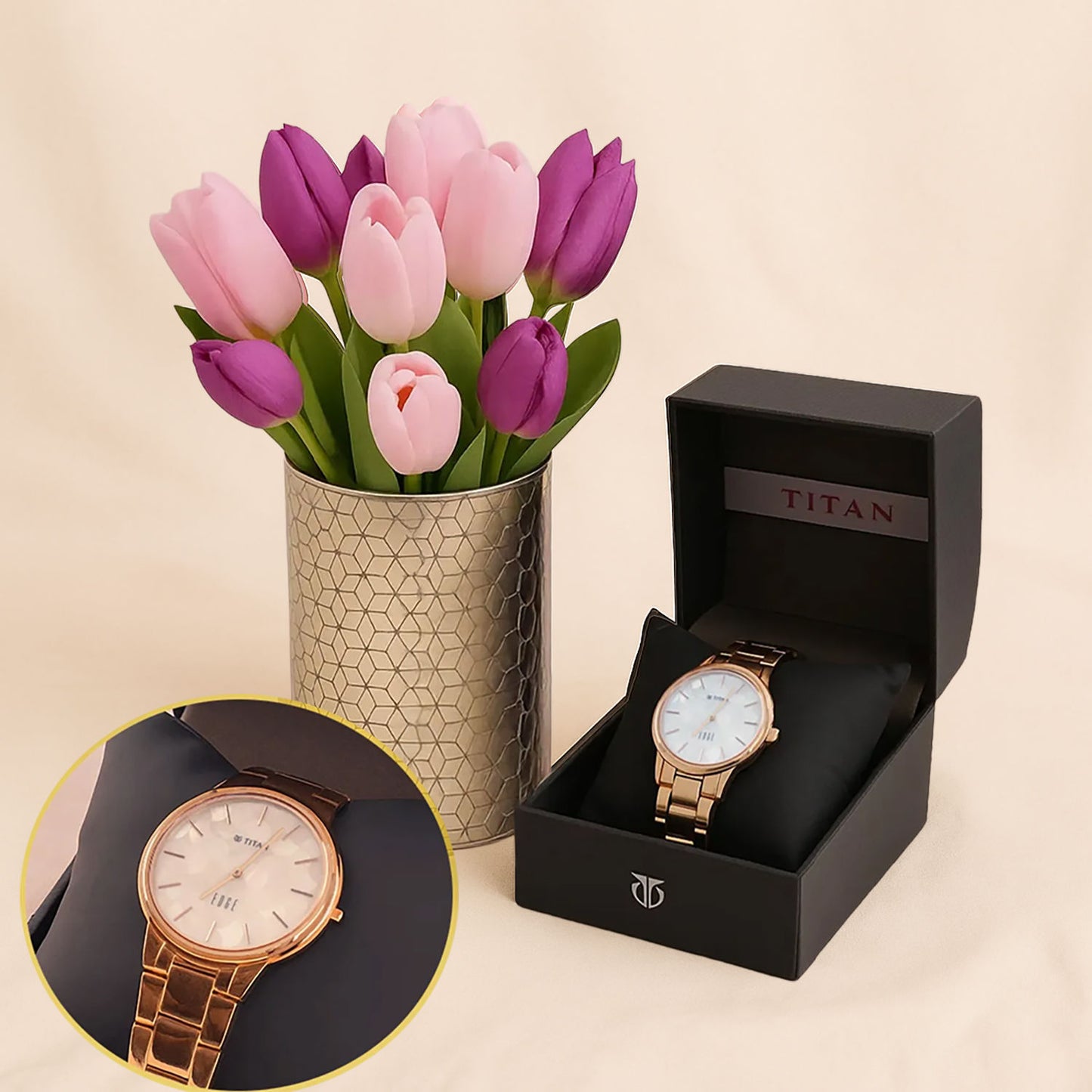 Elegant Tulip Arrangement & Titan Women’s Watch Gift Set