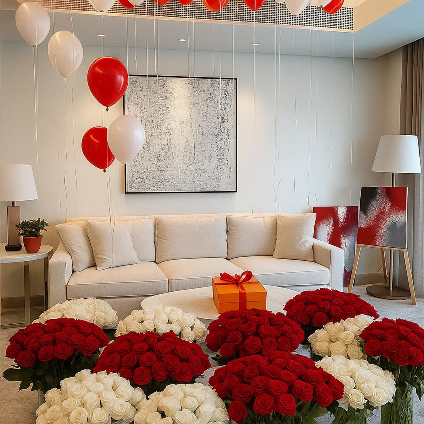 Balloons with Room Full of Roses