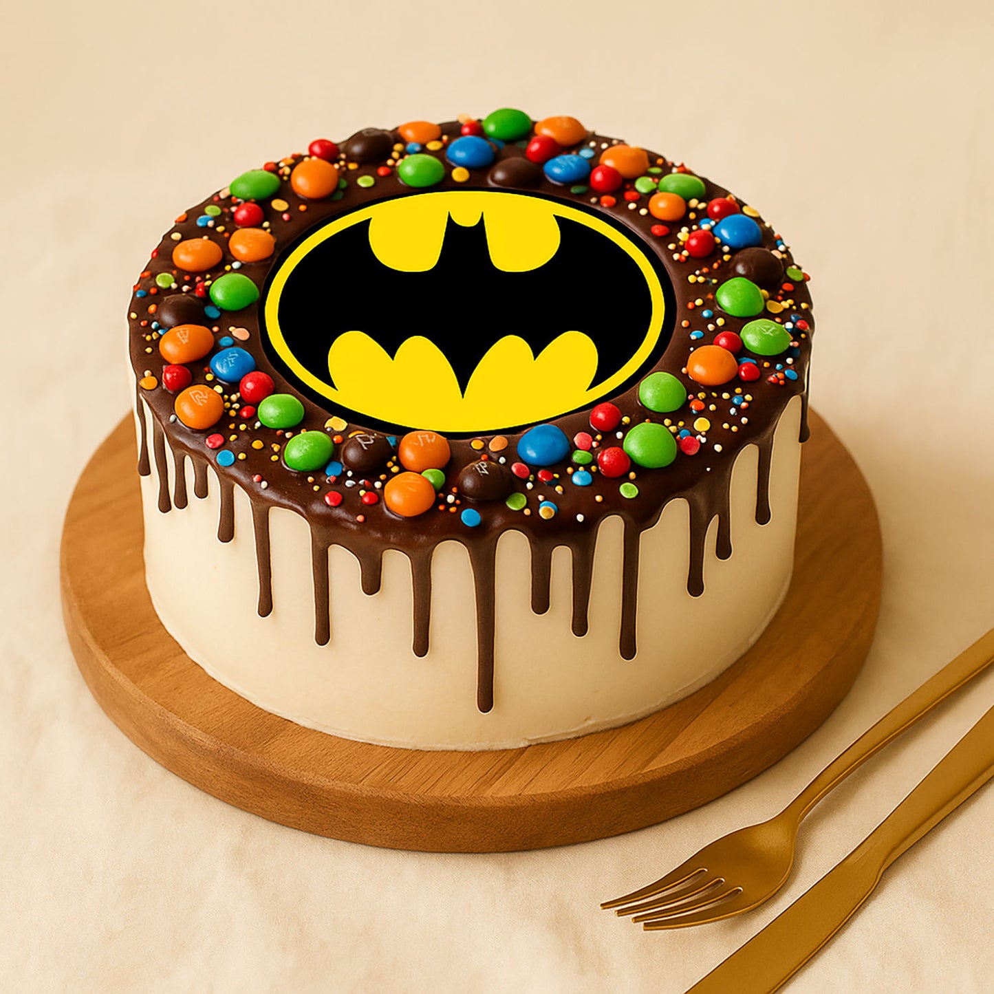 M&Ms n Chocolate Drip Batman Kids Cake