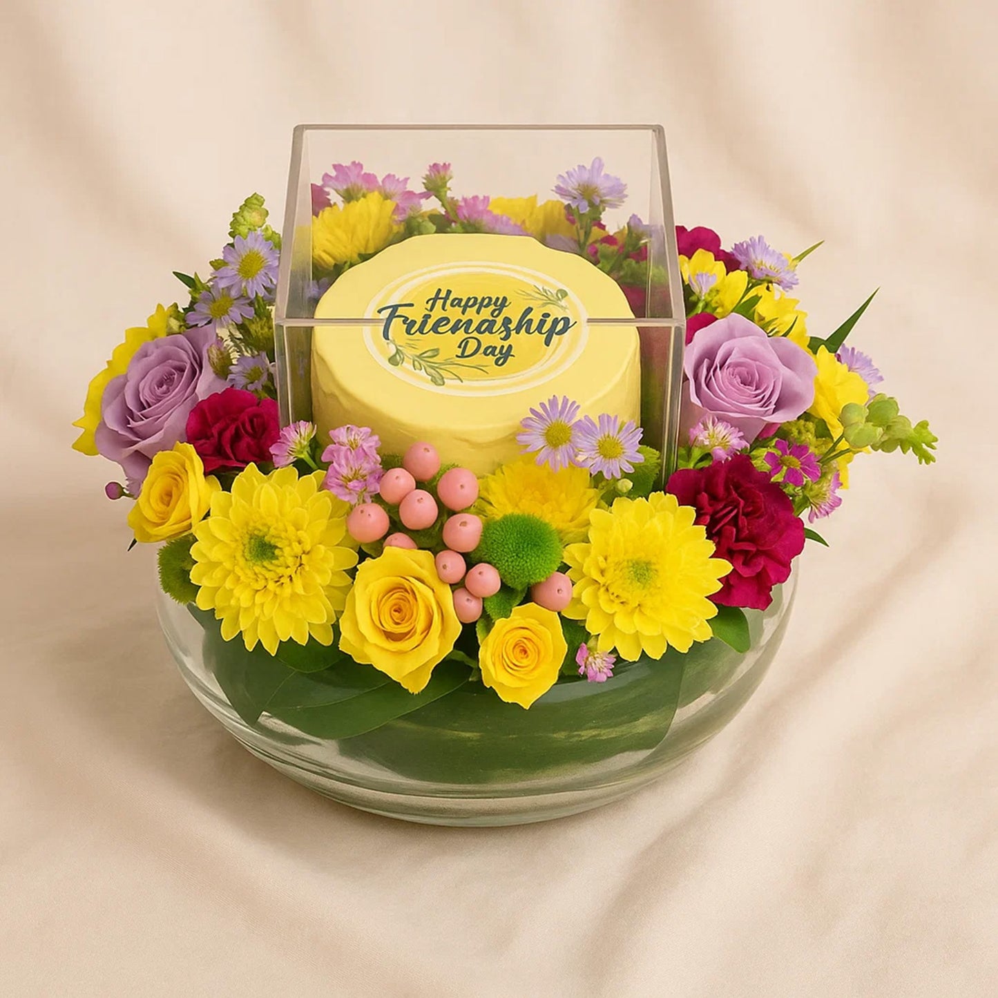 Friendship Day Mini Cake n Flowers Bowl
