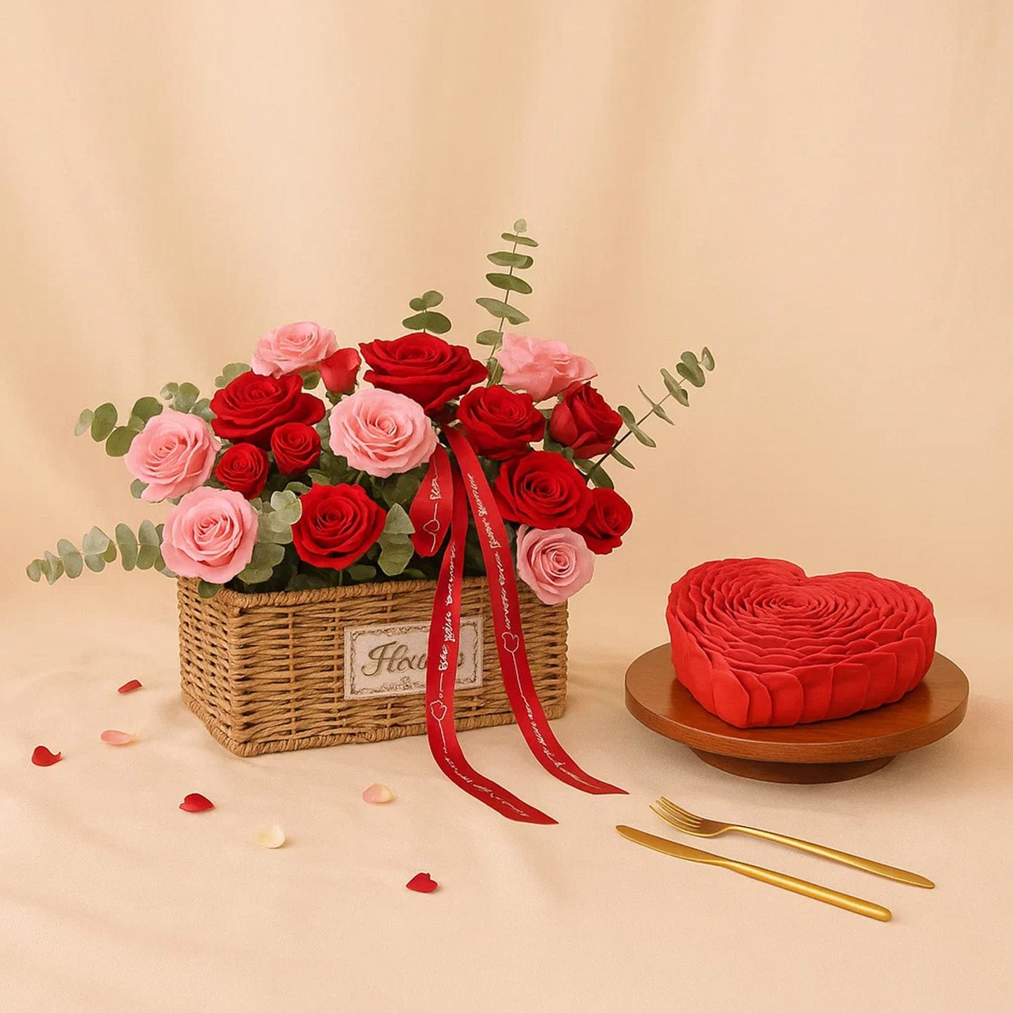 سلة الحب | ورود حمراء و زهرية
