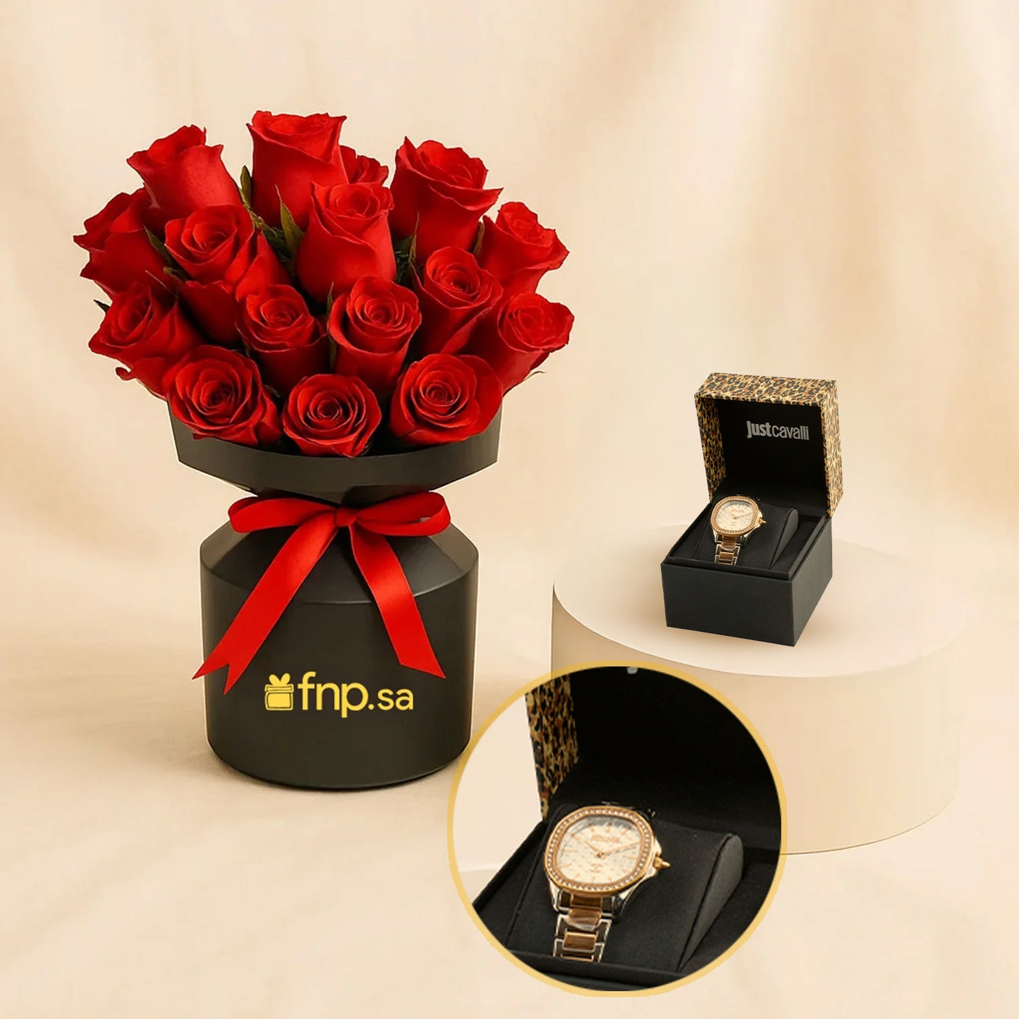 ساعة يد نسائية جست كافالي ذهبية مع باقة ورد