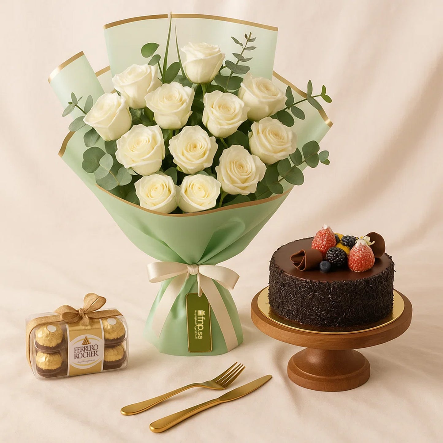 كومبو بوكيه ورد أبيض أنيق