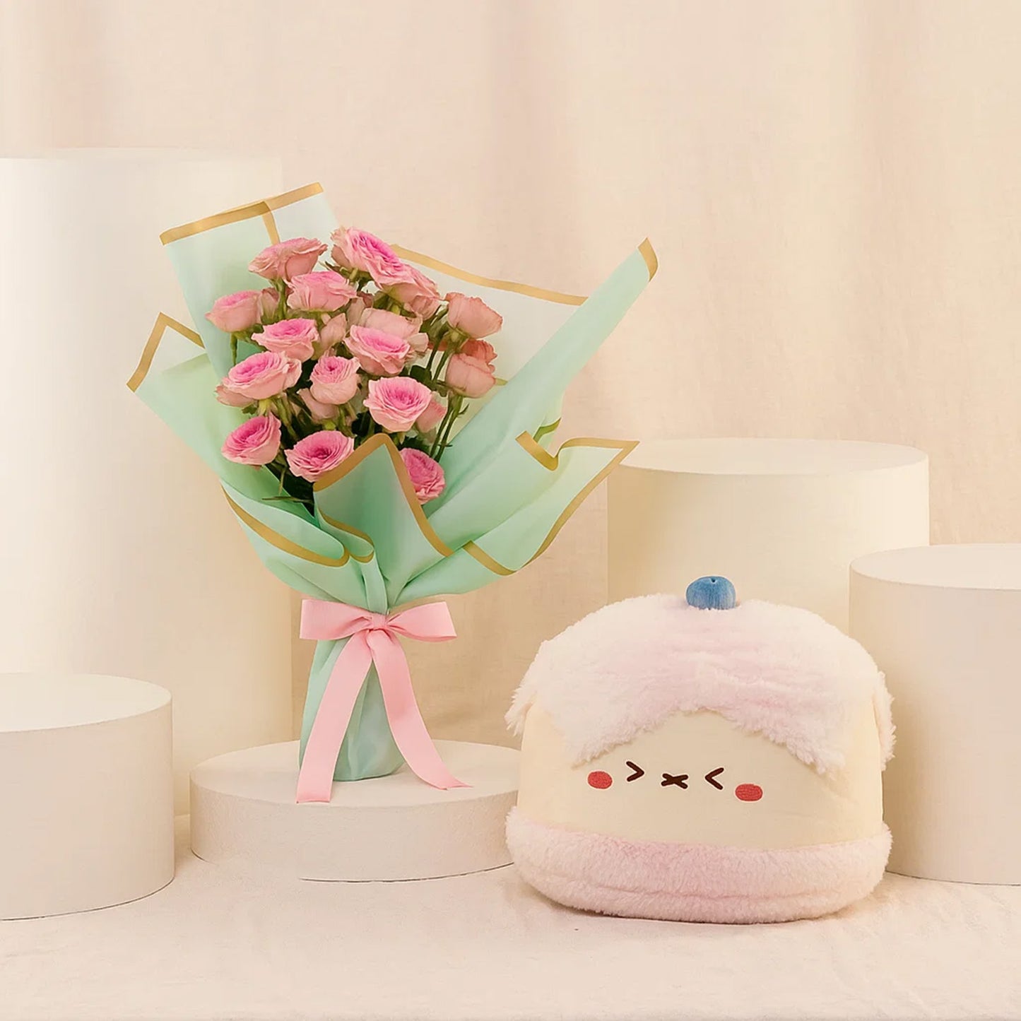 Pink Spray Rose Bouquet With Soft Toy