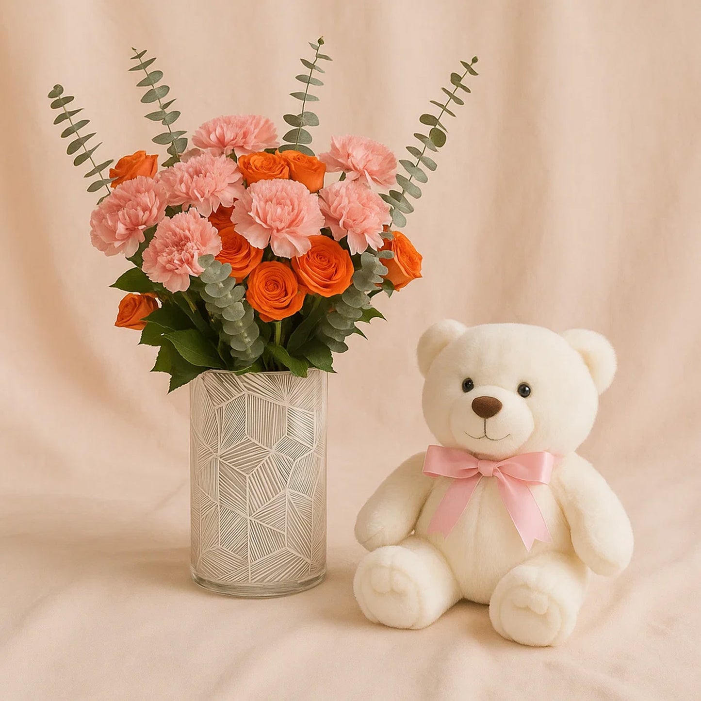 Rose & Carnation Flower Vase n Teddy Bear