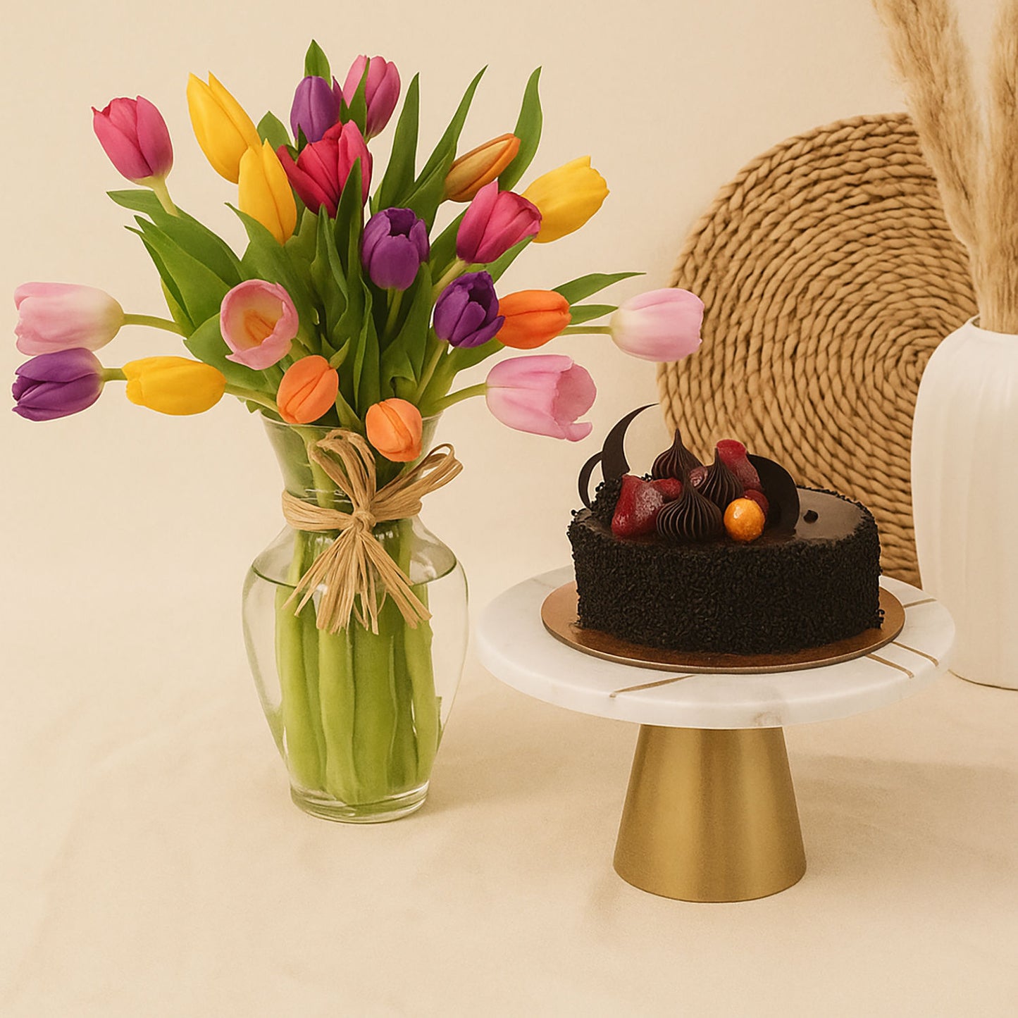 Colorful Tulip Vase n Chocolate Cake