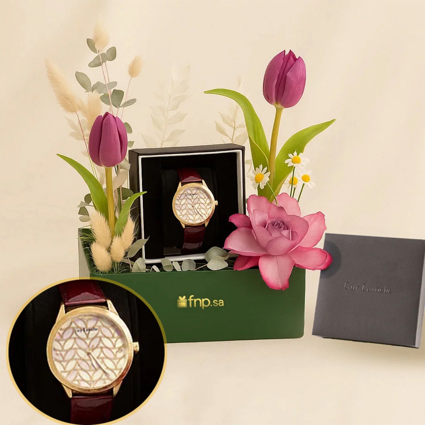 ساعة غاي لاروش نسائية و بوكس زهور بنفسجية