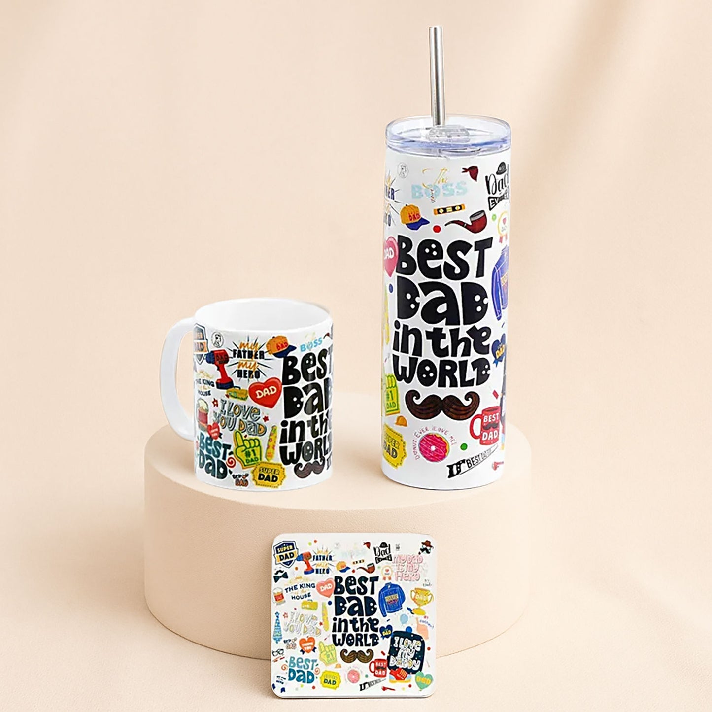 Best Dad pre-printed cup, flask and coaster set