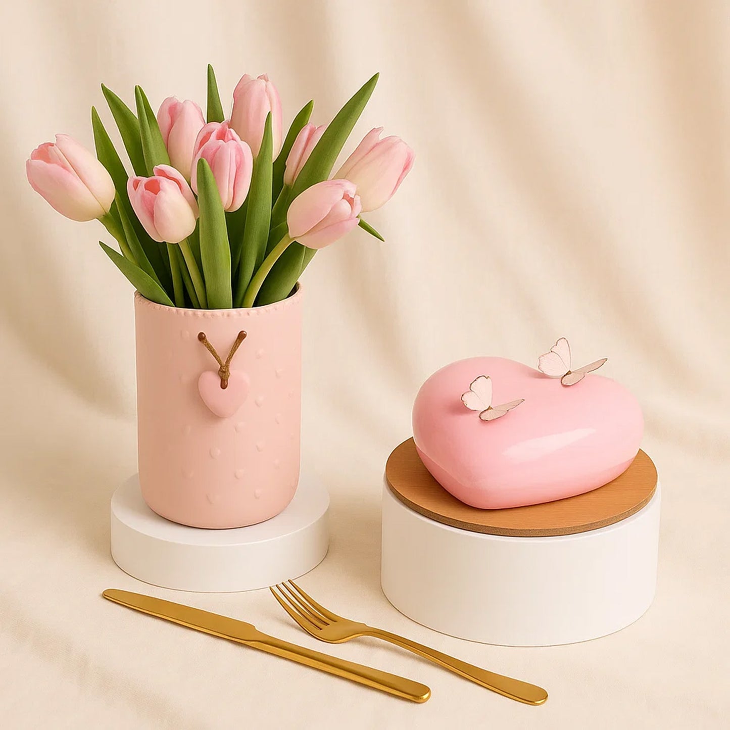 Pink Tulip Vase n Heart Shape Cake
