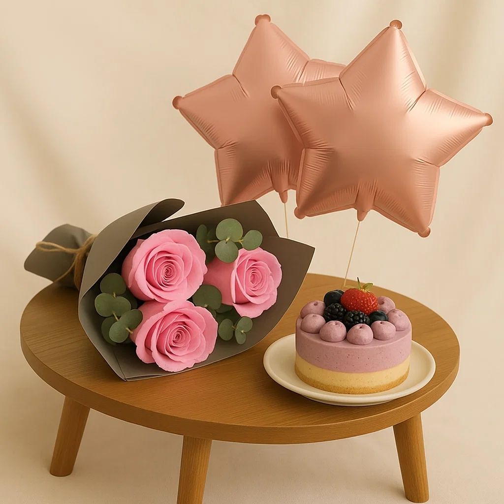 Blueberry Cheesecake with Rose n Balloons Combo
