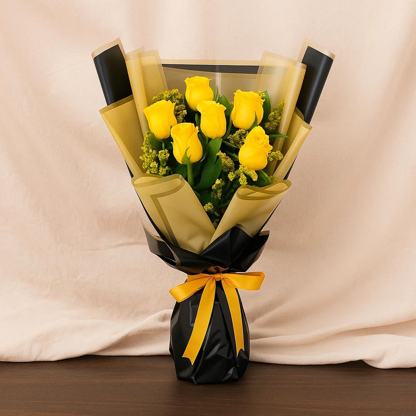 Yellow Rose Flower Bouquet Black And Beige Wrap