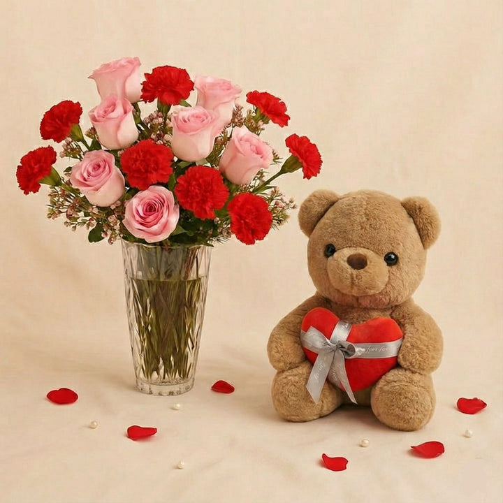 Raqia | 21 Red n Pink Flower Vase With Teddy Bear 