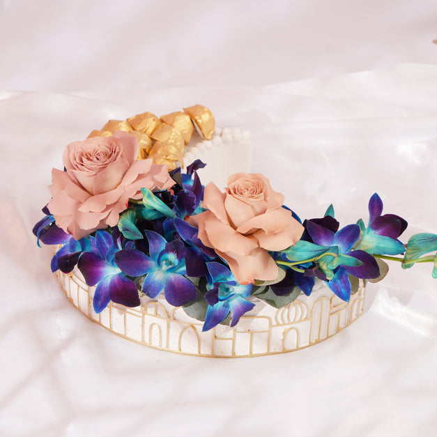 Orchid Crescent With Roses n Chocolates