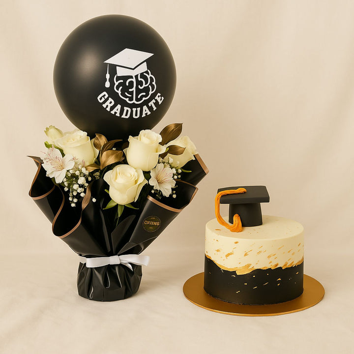 Grads Gift Elegant White Rose Bouquet n Cake