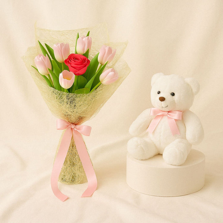 Red Rose n Tulip Bouquet With Teddy Bear