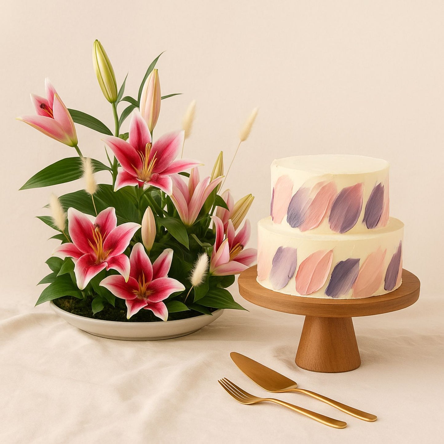 Pink Lilies Platter n Two Layer Red Velvet Cake Combo
