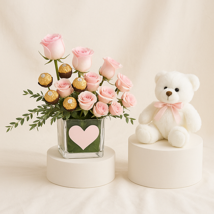Pink Bliss | Baby Rose With Chocolates n Cute Teddy Bear 