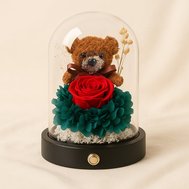 دبدوب تيدي مع ورد دائم في دوم زجاجي