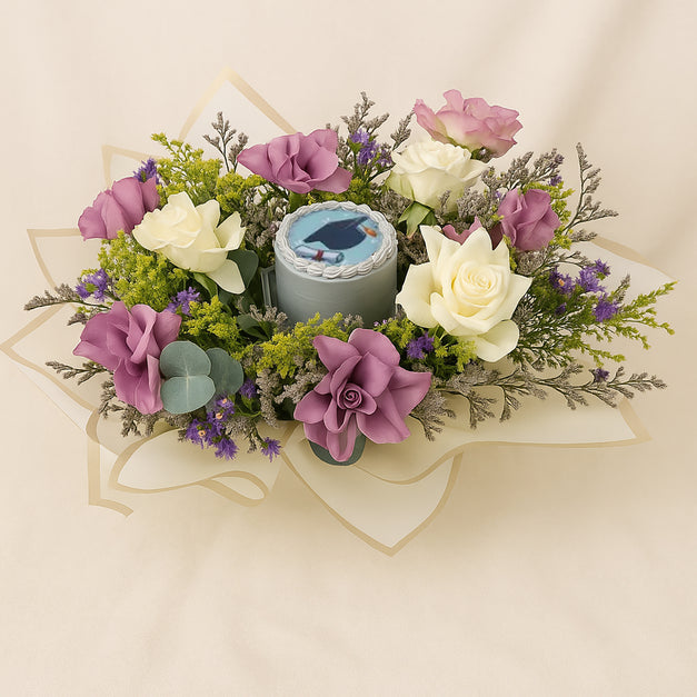 Graduation Gift Combo | Flower Bouquet and Mini Cake