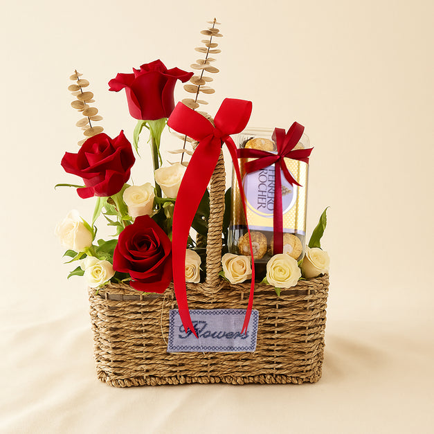 Red Roses n Ferrero Rocher Basket