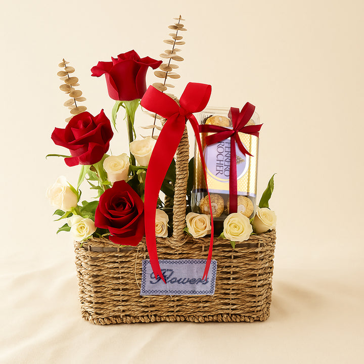 Red Roses n Ferrero Rocher Basket