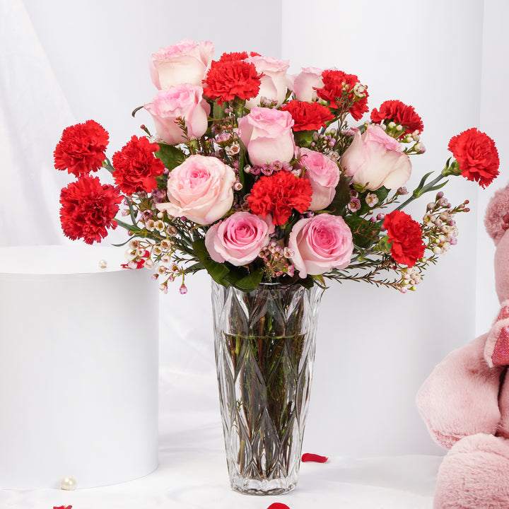 Raqia | 21 Red n Pink Flower Vase With Teddy Bear 