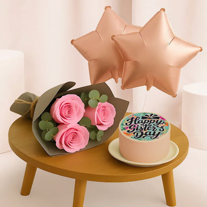 Sister Day Flowers n Cake With Balloons