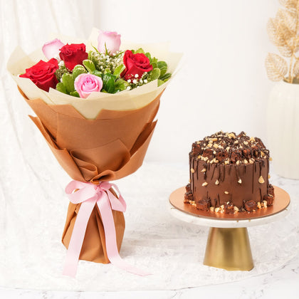 Delicate Roses Flower Bouquet n Chocolate Cake