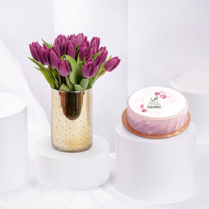 Purple Tulips Vase n Mom's Delight Cake