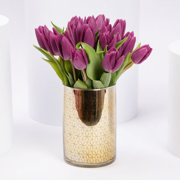 Delicate Purple Tulips Golden Vase