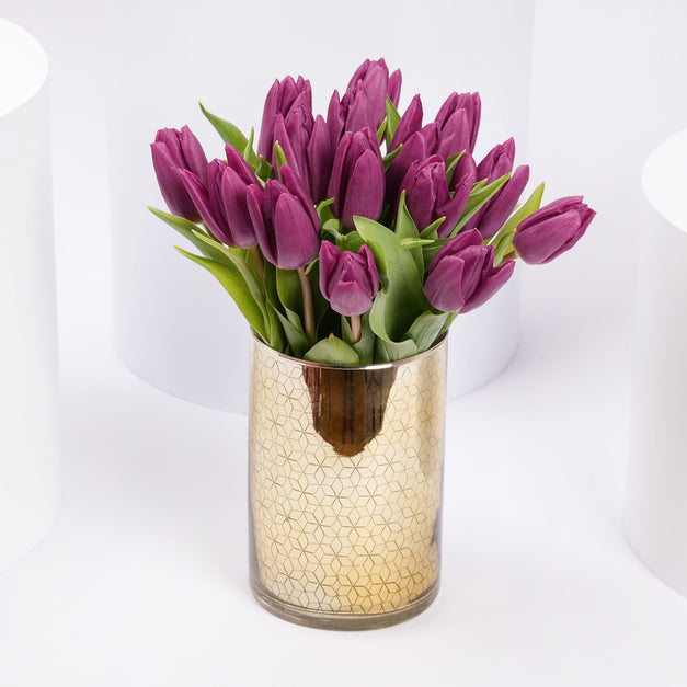 Delicate Purple Tulips Golden Vase