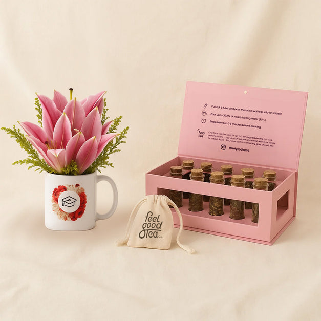 Elegant Pink Lily Graduation Mug n Feel Good Tea Box 