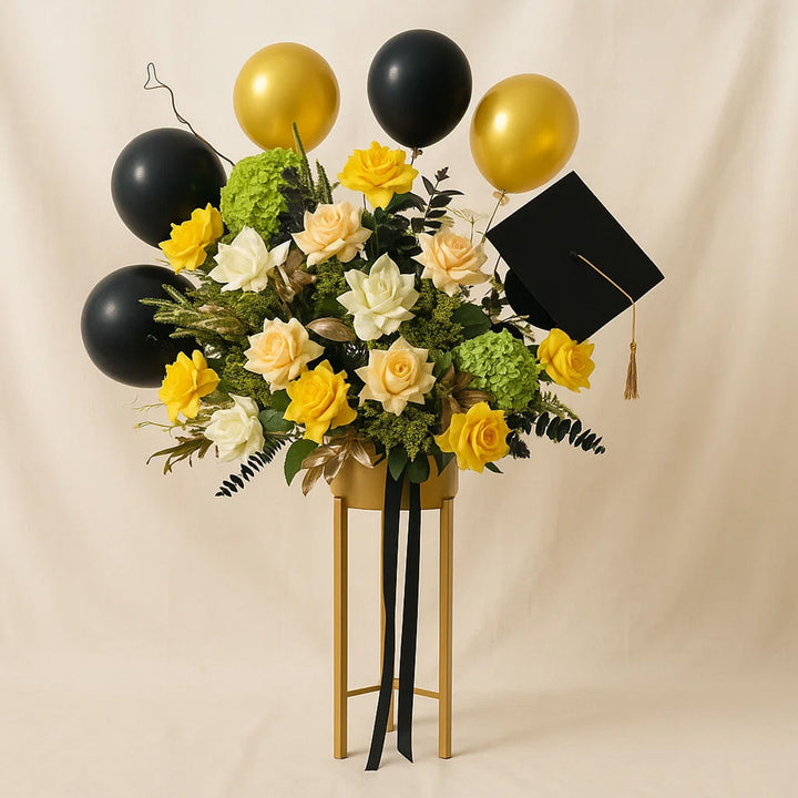 Flower Stand With Festive Balloons n Graduation Hat