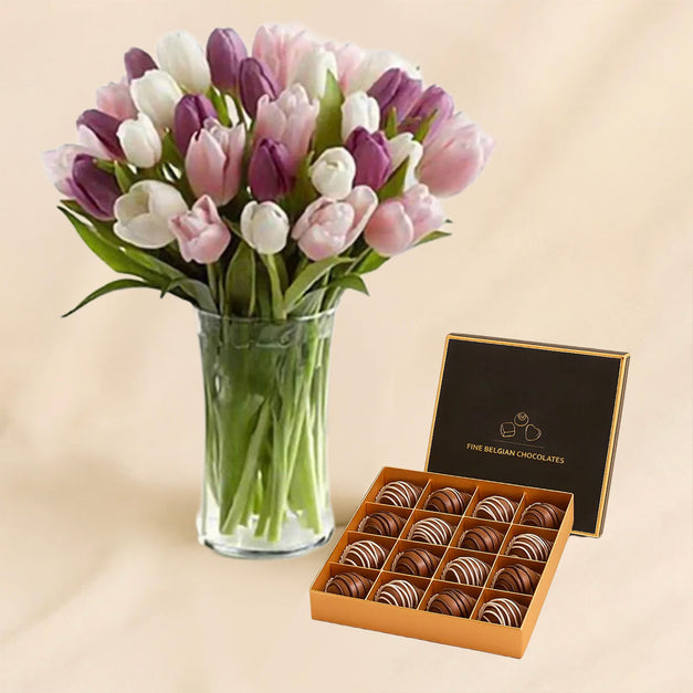 Dazzling Tulip Vase With Chocolate Box