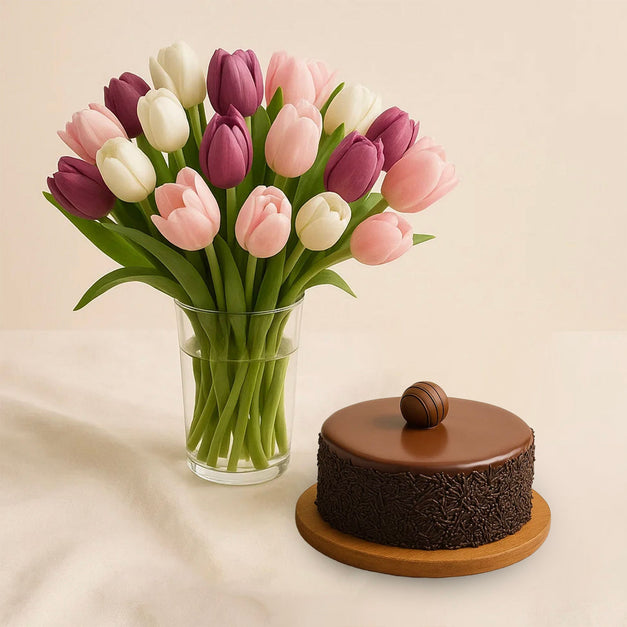 Dazzling Tulip Vase With Chocolate Cake