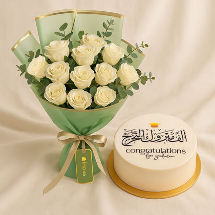 كيك مبروك التخرج و باقة ورد أبيض