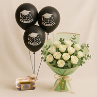 White Roses With Ferrero Chocolates n Graduation Balloons 