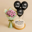 Pink Chrysanthemum Bouquet With Graduation Cake n Balloons