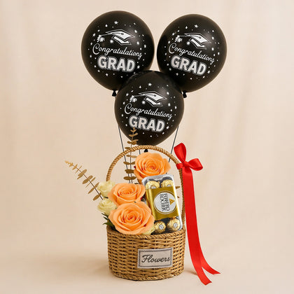 Graduation Gifts | Rose Basket With Chocolates n Balloons