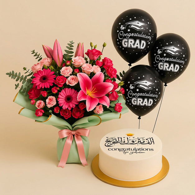 Grand Graduation | Pink Flower Bouquet With Cake n Balloons 